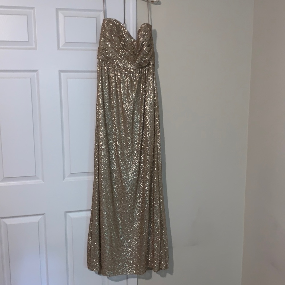 Gold sequin floor length bridesmaids dress